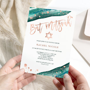 Teal Geode och Faux Ro Guld ser Bat mitzvah ut Inbjudningar