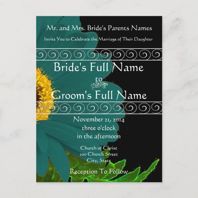 Teal Gerber Daisy Wedding bjudande Inbjudan Vykort (Framsida)