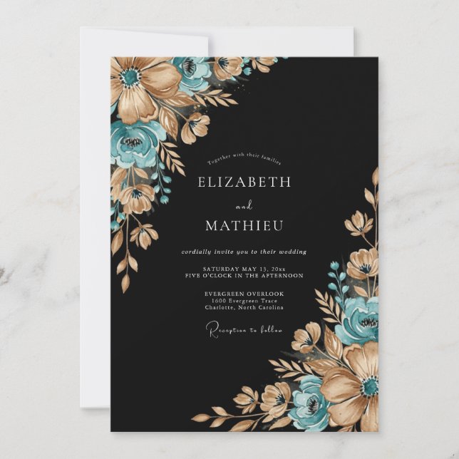 Teal Gilded Botanical Romance Wedding Inbjudningar (Framsida)