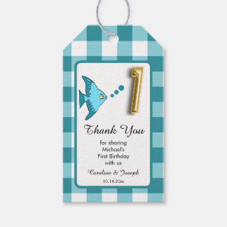Teal Gingham 1st Birthday Fish Favor Thanks Presentetikett