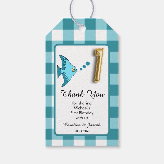 Teal Gingham 1st Birthday Fish Favor Thanks Presentetikett (Framsidan)