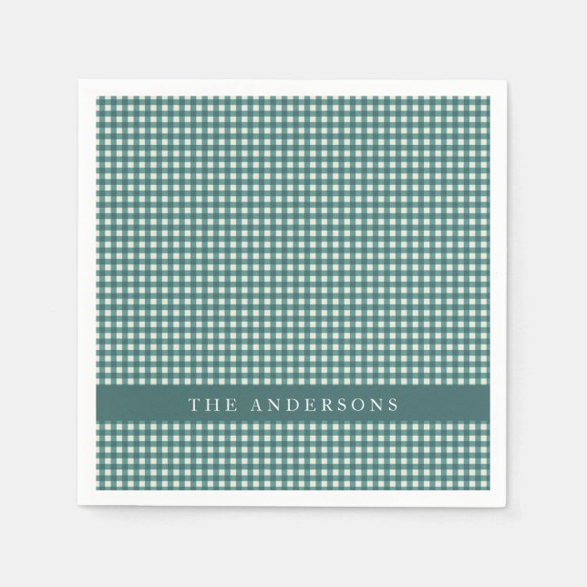 Teal Gingham Anpassad Familjenamn Underhållning Pappersservett (Framsidan)