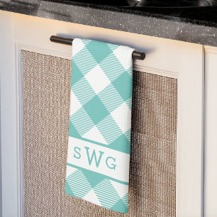Teal Gingham Monogram Kökshandduk