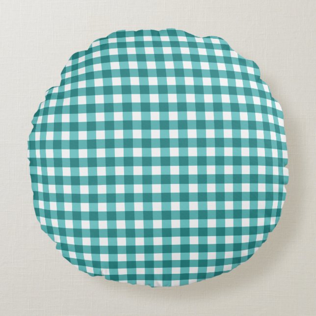 Teal gingham rund kudde (Framsidan)