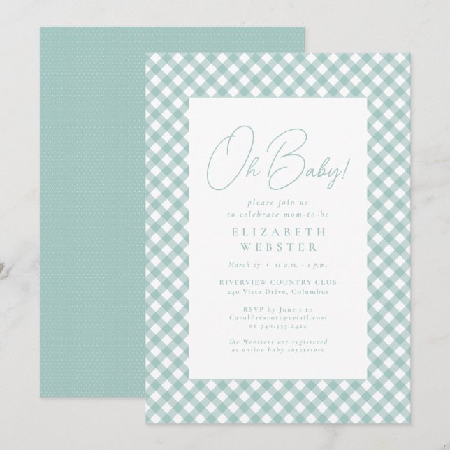 Teal gingham söt, enkel neutralt babydusch inbjudningar (Fram/baksida)