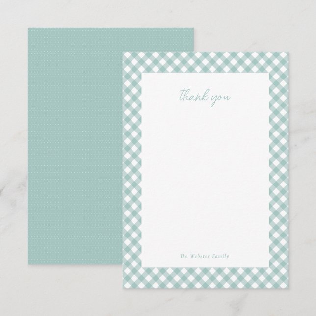 Teal gingham söt, enkel personlig babydusch tack kort (Fram/baksida)