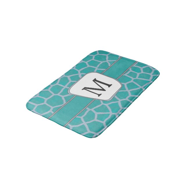 Teal Giraffe Print Anpassningsbar Monogram Badrumsmatta (Vinklad)