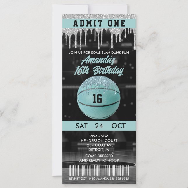 Teal Girls Basketball Birthday Biljett Inbjudningar (Framsida)