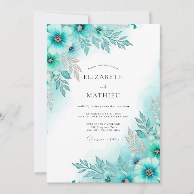 Teal Glacial Botanical Winter Wedding Inbjudningar (Framsida)