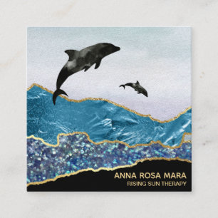 *~* Teal Glam Beach Dolphins Guld Glitter Black Fyrkantigt Visitkort