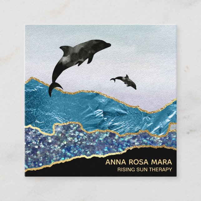 *~* Teal Glam Beach Dolphins Guld Glitter Black Fyrkantigt Visitkort (Framsida)