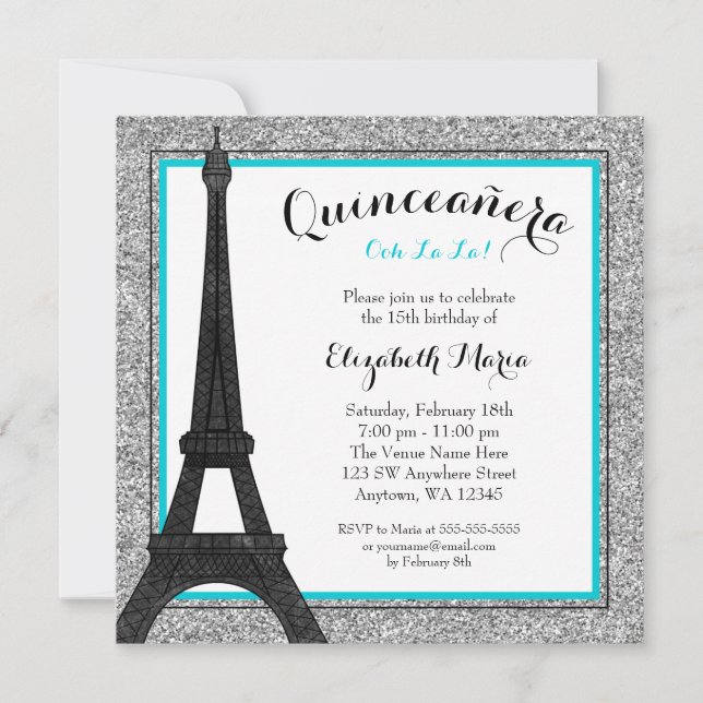 Teal Glam Paris Faux Silver Glitter Quinceanera Inbjudningar (Framsida)