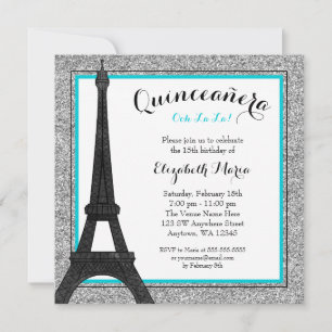 Teal Glam Paris Faux Silver Glitter Quinceanera Inbjudningar