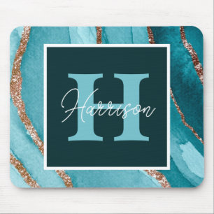 Teal &Glitter Alcohol Monogram Bläck och Namn Musmatta