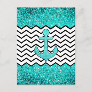 Teal glitter ankare och schevron vykort