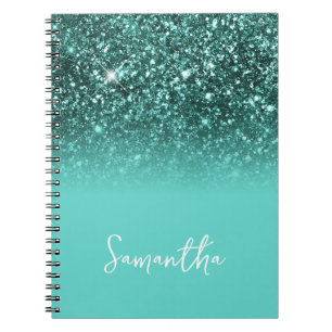 Teal Glitter Blue Ombre Namn Anteckningsbok