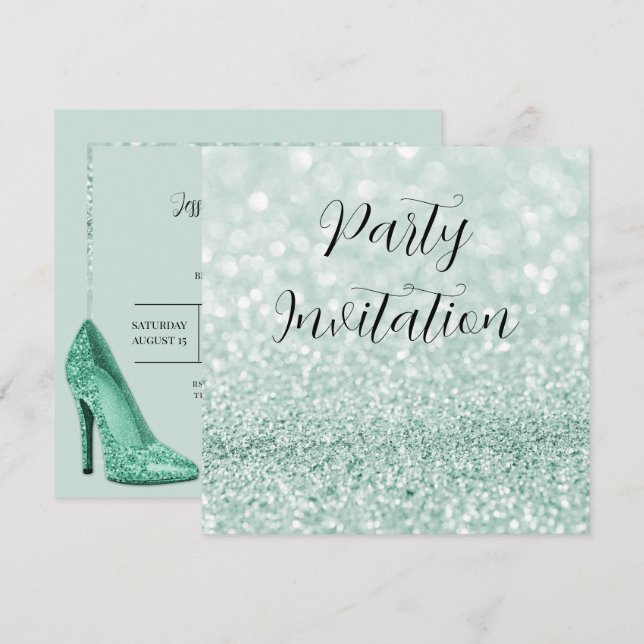 Teal Glitter Bokeh & Stilettos Birthday Inbjudningar (Fram/baksida)