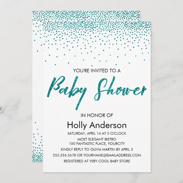 Teal Glitter Confetti & Typography Baby Shower Inbjudningar (Fram/baksida)