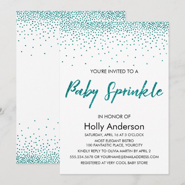 Teal Glitter confetti & Typography Baby Sprinkle Inbjudningar (Fram/baksida)