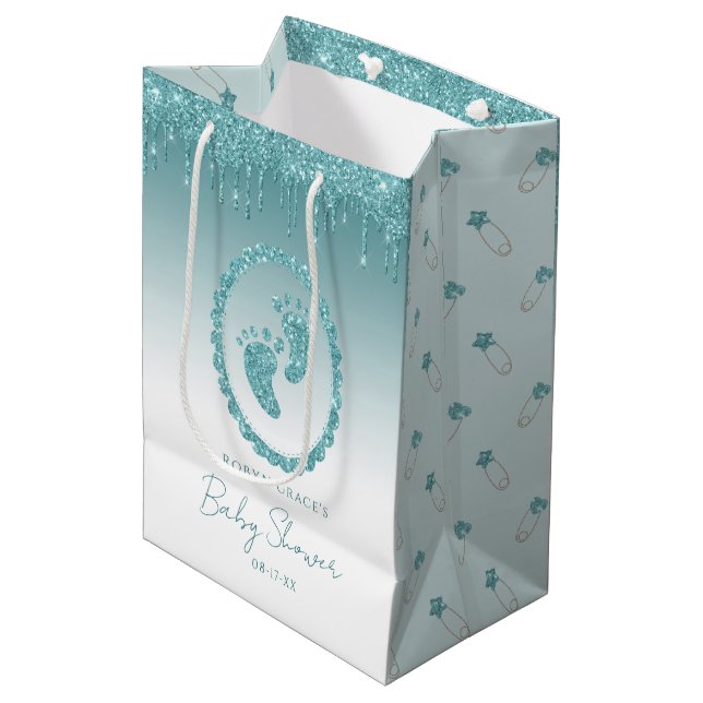 Teal Glitter Drifts Baby Feet Gift Bag Personlig (Framsidan Vinklad)