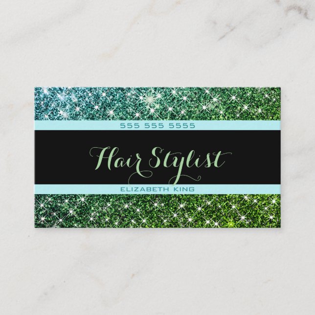 Teal Glitter Glam Social Media Hair Stylist Salon Visitkort (Framsida)