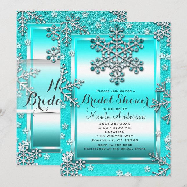 Teal Glitter Glam Winter Wonderland Snöflingor Inbjudningar (Fram/baksida)