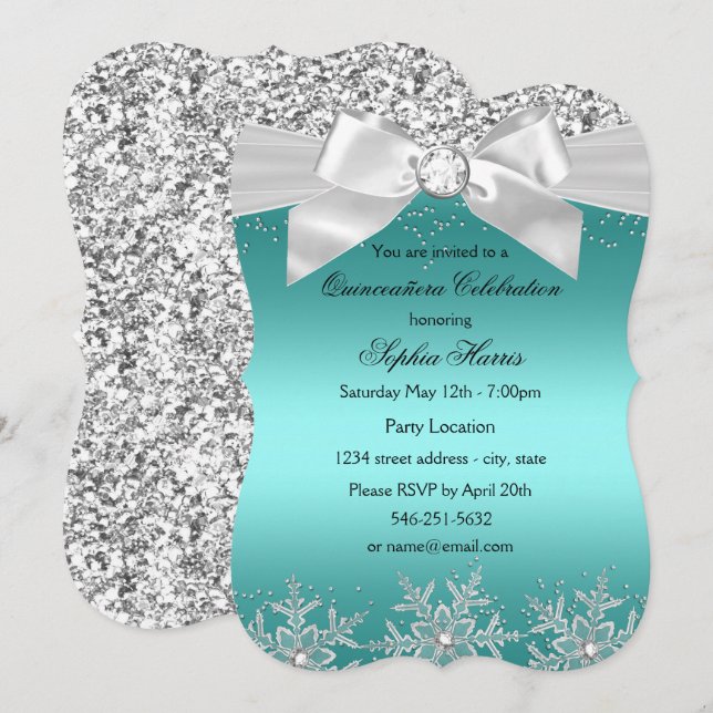 Teal Glitter Jewel Bow Snowflake Quinceanera Inbjudningar (Fram/baksida)