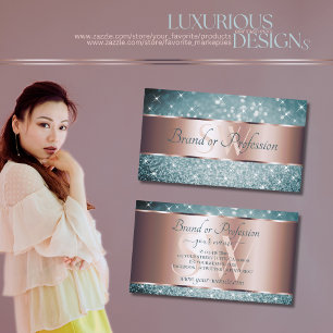 Teal Glitter Luminous Stars Monogram Ro Guld Visitkort