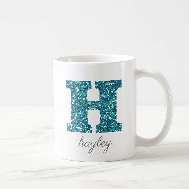 Teal Glitter Monogram H Personlig Mugg (Höger)