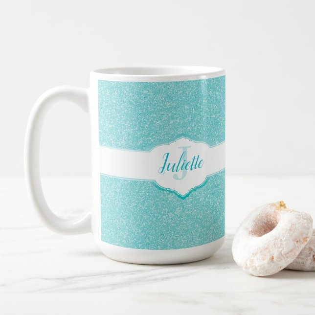 Teal Glitter Monogram Kaffemugg (Med munk)