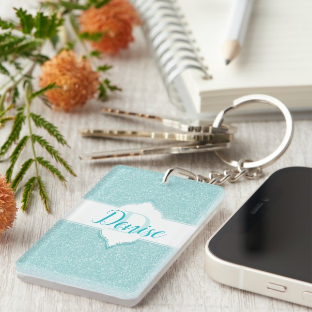 Teal Glitter Monogram Keychain (Högra Framsidan)