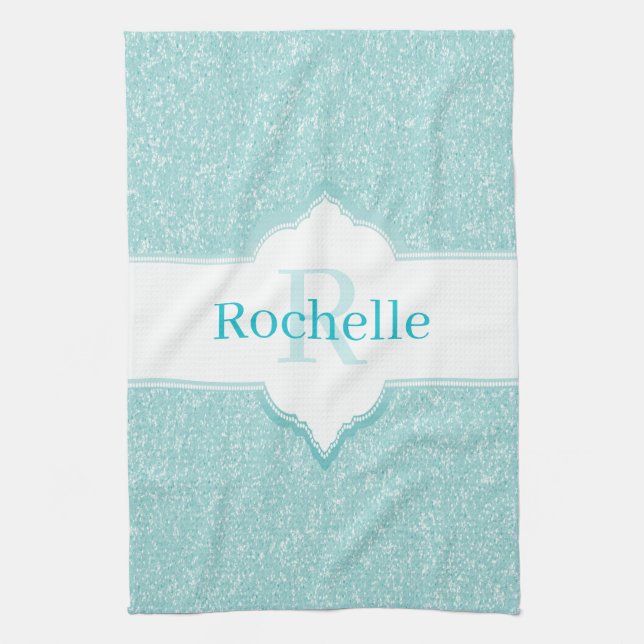 Teal Glitter Monogram Kitchen Towel Kökshandduk (Vertikal)