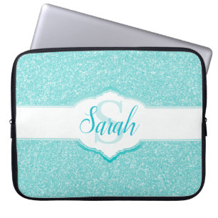 Teal Glitter Monogram Laptop Fodral