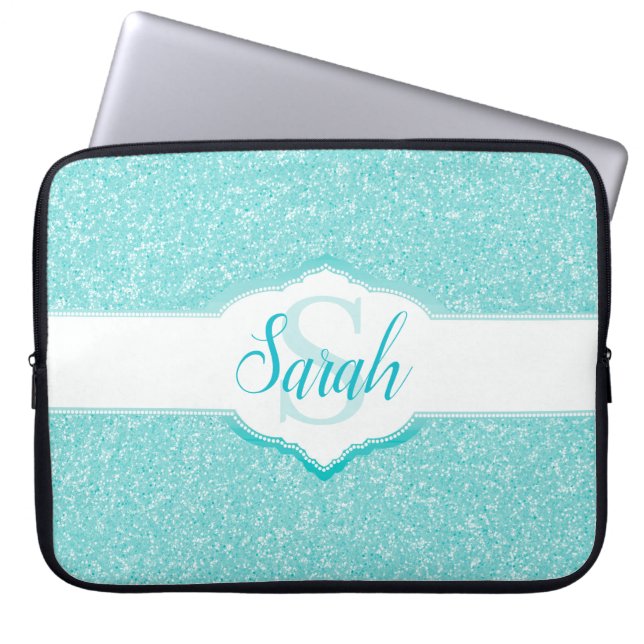 Teal Glitter Monogram Laptop Fodral (Framsidan)