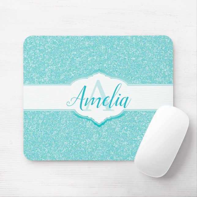 Teal Glitter Monogram Musmatta (Med mus)