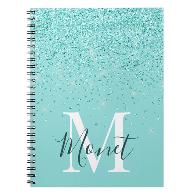 Teal Glitter Monogram Namn Self Care Journal Anteckningsbok (Framsidan)