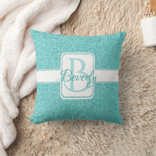 Teal Glitter Monogram Personlig Dekorativ kudde