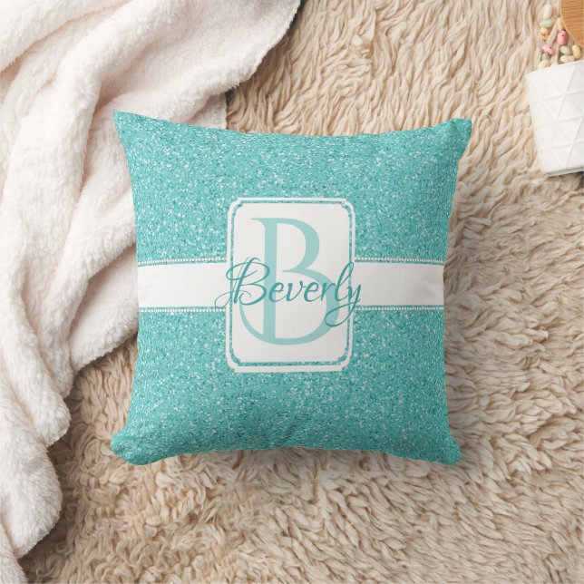 Teal Glitter Monogram Personlig Dekorativ kudde (Filt)