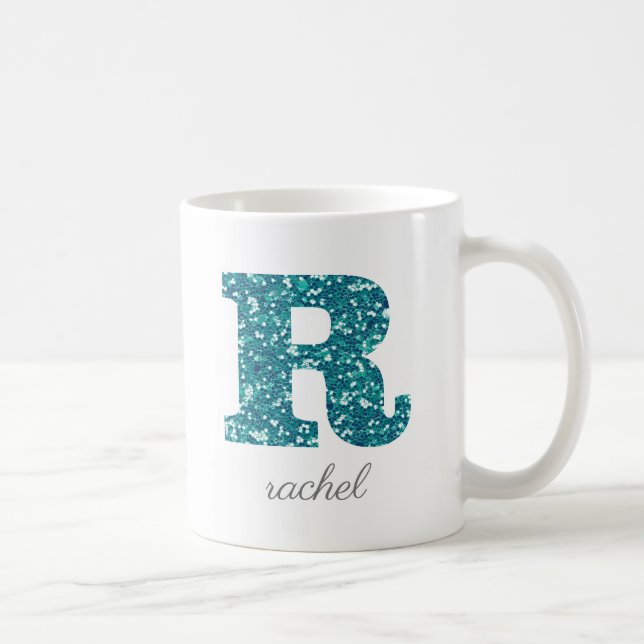 Teal Glitter Monogram R Personlig Mugg (Höger)