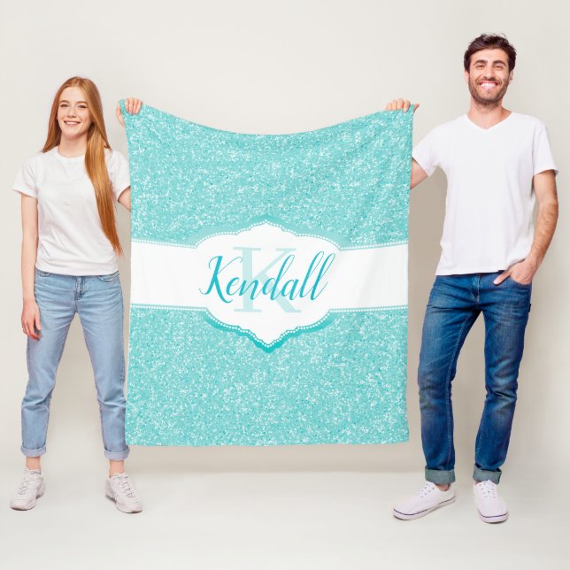 Teal Glitter Monogram Throw Blanket Fleecefilt (På plats)