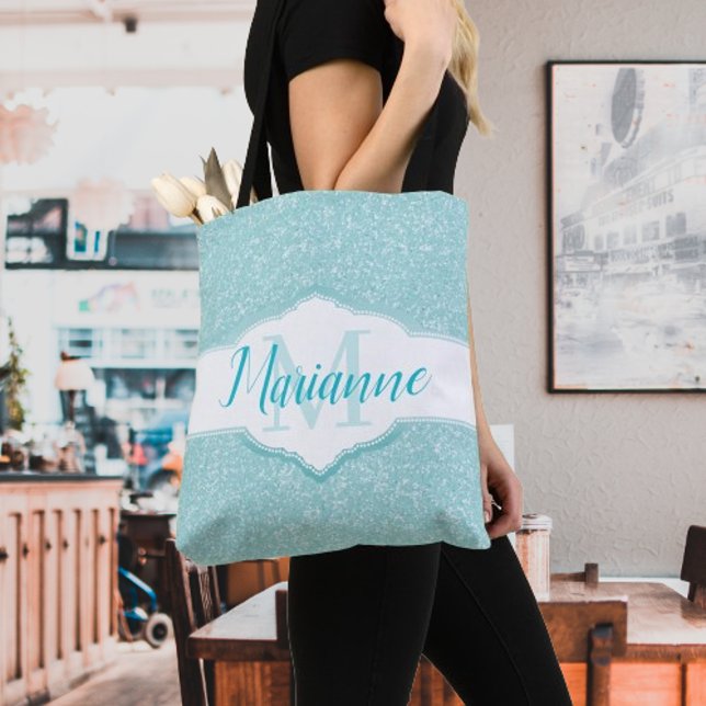 Teal Glitter Monogram Tote Bag Tygkasse (Teal Glitter Monogram Tote Bag)