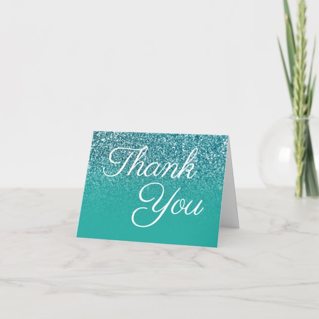 Teal Glitter Ombre Elegant Calligraphy Tack Kort (Framsida)