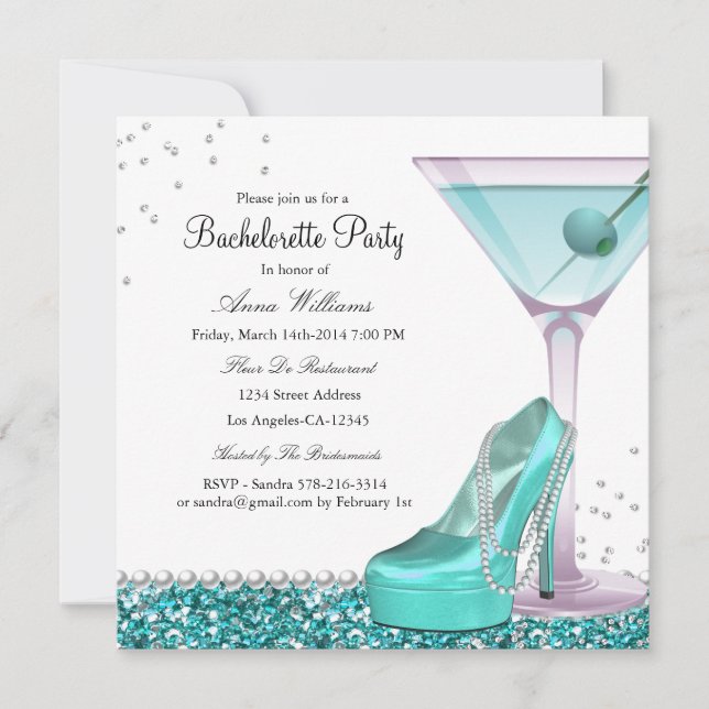 Teal Glitter Pearl Bachelorette Party Inbjudan (Framsida)
