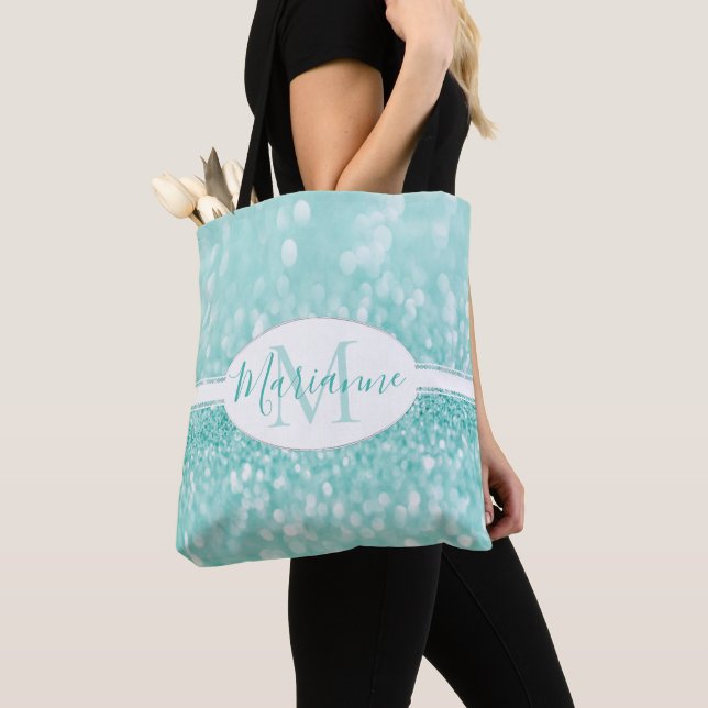 Teal Glitter personalize Tote Bag Tygkasse (Närbild)
