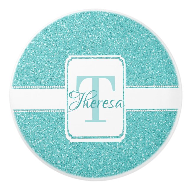 Teal Glitter Personlig Ceramic pull Knopp (Framsidan)