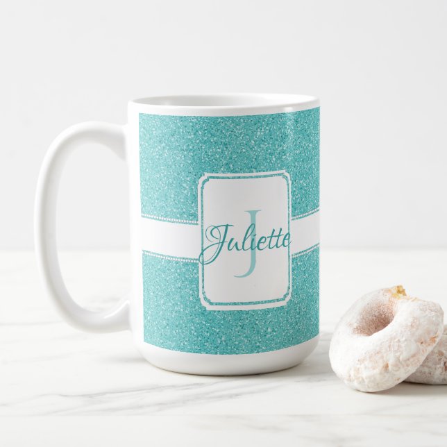 Teal Glitter Personlig Coffee Mugg (Med munk)