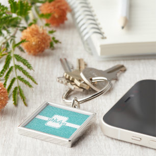 Teal Glitter Personlig Keychain Fyrkantig Silverfärgad Nyckelring