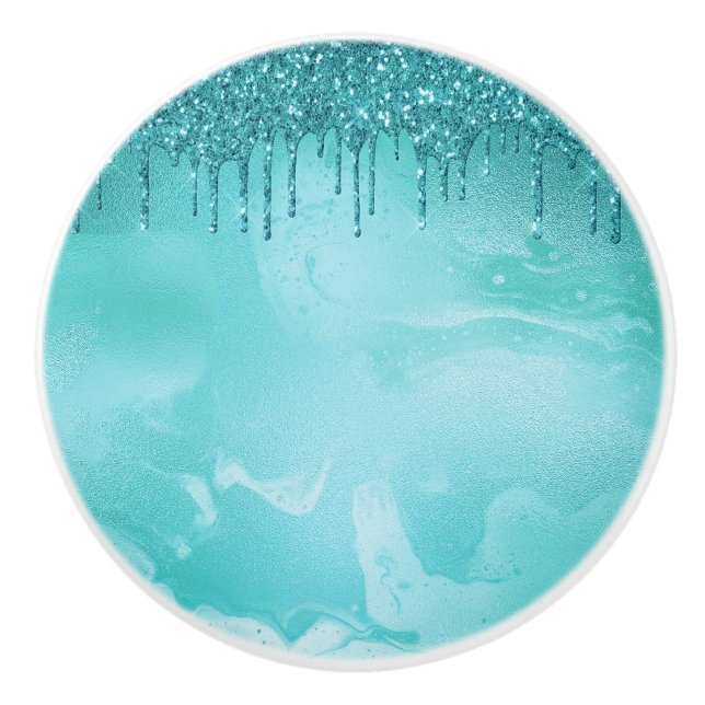 Teal Glitter Rain på lyxen Metall Marble Knopp (Framsidan)