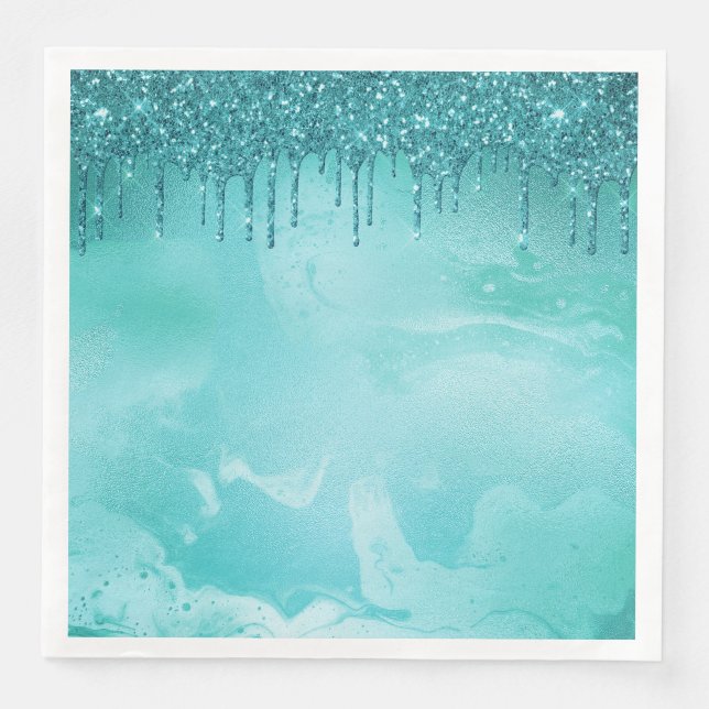 Teal Glitter Rain på lyxen Metall Marble Pappersservett (Framsida)