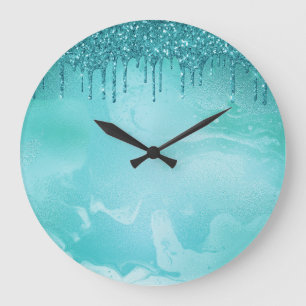 Teal Glitter Rain på lyxen Metall Marble Stor Klocka